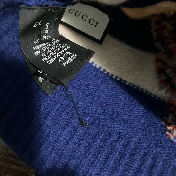 Gucci Blue/White Striped Wool Knit Beanie Hat with Tiger Head M/58 500929 4278 - Picture 3 of 4